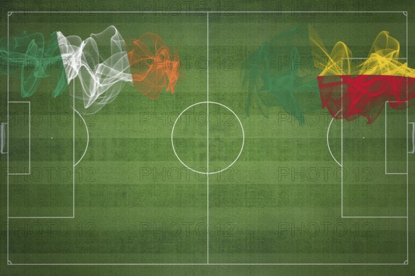 Ireland vs Benin Soccer Match, national colors, national flags, soccer field, football game, Competition concept, Copy space