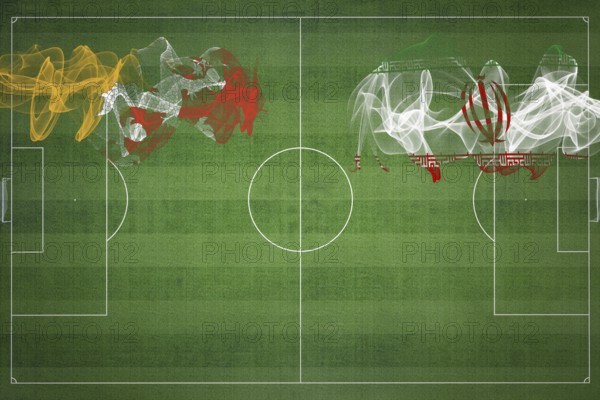 Bhutan vs Iran Soccer Match, national colors, national flags, soccer field, football game, Competition concept, Copy space