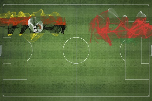Uganda vs Oman Soccer Match, national colors, national flags, soccer field, football game, Competition concept, Copy space