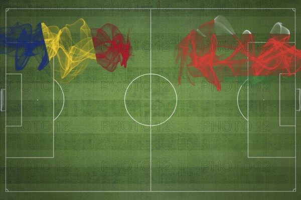 Romania vs Oman Soccer Match, national colors, national flags, soccer field, football game, Competition concept, Copy space