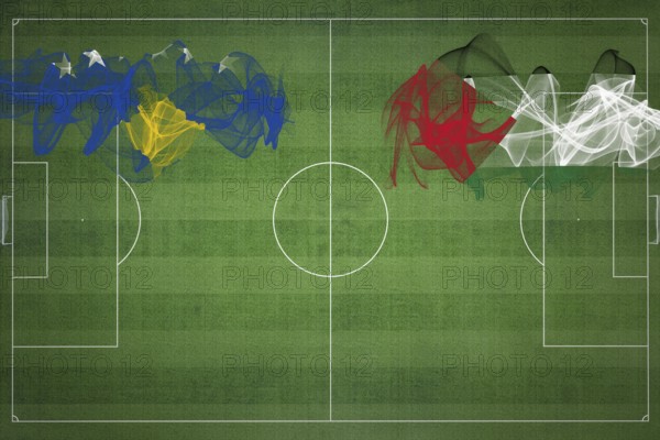 Kosovo vs Palestine Soccer Match, national colors, national flags, soccer field, football game, Competition concept, Copy space