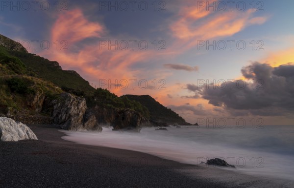 A view of the Marina di Maratea beach at sunset
