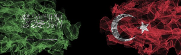 Flags of Saudi Arabia and Turkey on Black background, Saudi Arabia vs Turkey Smoke Flags
