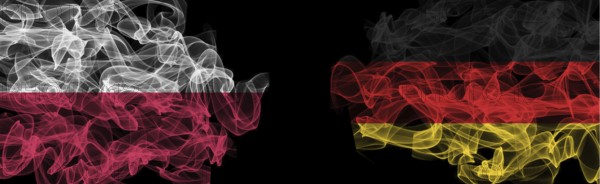 Flags of Poland and Germany on Black background, Poland vs Germany Smoke Flags
