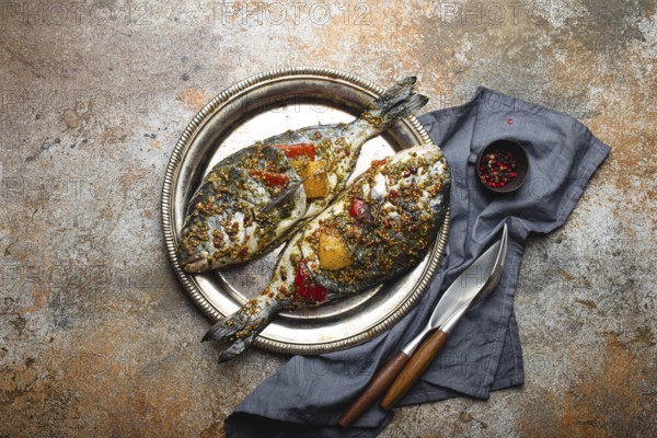 Two raw fishes dorado stuffed with vegetables and seasonings ready to be cooked laying on rustic metal plate on old kitchen oven tray top view. Healthy cooking, diet and clean eating food concept, food photography