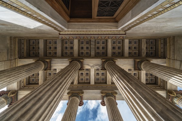 Athens Old Town, Attica, Greece, 12 28 2019 View over the pilars and ceiling at the entrance of the Academy Athens, Europe
