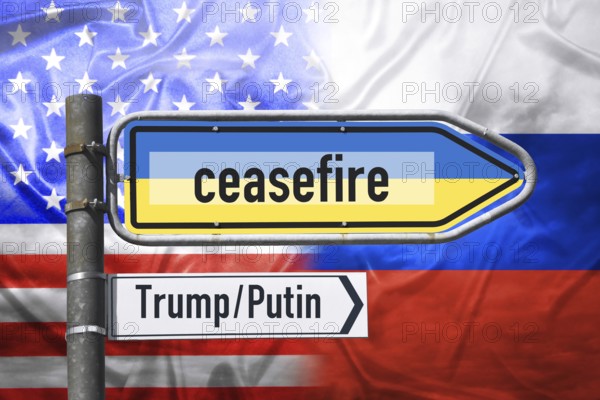 Signpost with lettering ceasefire on national colours of Ukraine in front of flag of the USA and Russia, photomontage