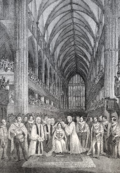 The coronation of Queen Victoria, 1838, ceremony at Westminster Abbey, Victoria or Alexandrina Victoria, 1819 - 1901, Queen of the United Kingdom of Great Britain and Ireland, Empress of India