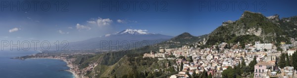 Panorama of the volcano Etna and Taormina, Sicily, Italy, Europe