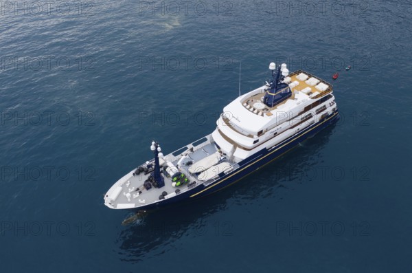 Aerial view 63 metre long motor yacht FORCE BLUE from the Danish shipyard Royal Denship, owned by Flavio Briatore, at anchor off Cap Martin near Monaco during the Formula 1 Grand Prix Monaco, Cote d'Azur, Mediterranean Sea
