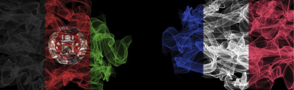Flags of Afghanistan and France on black background, Afghanistan vs France smoke flags