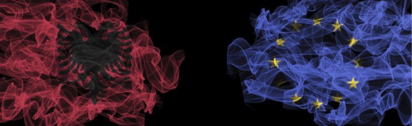 Flags of Albania and EU on black background, Albania vs. European Union smoke flags