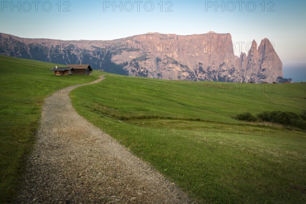 Hiking trail with Schlern mountain, Seiser Alm, South Tyrol, Italy, Europe