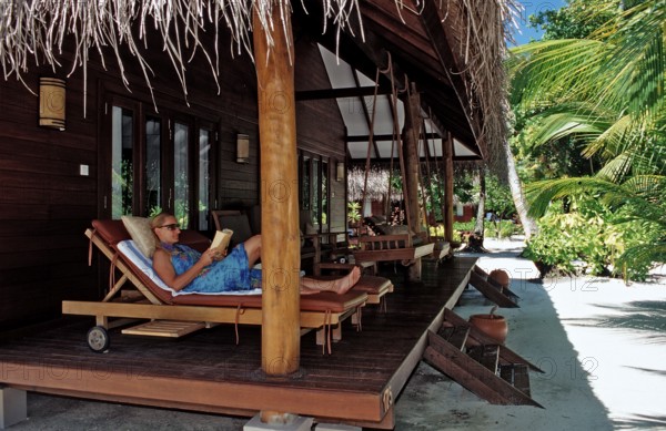 Terrace of beach bungalow, Maldives, Indian Ocean, Medhufushi, Meemu Atoll, Asia