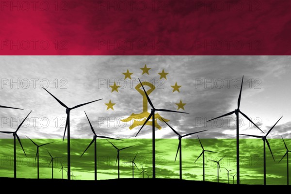 Tajikistan flag wind farm at sunset, sustainable development, renewable energy Wind Turbines