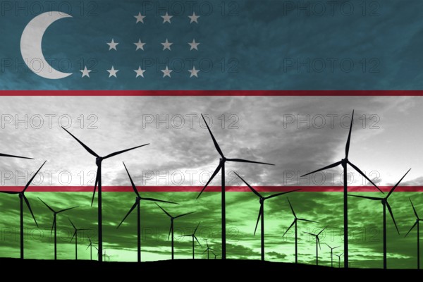 Uzbekistan flag wind farm at sunset, sustainable development, renewable energy Wind Turbines