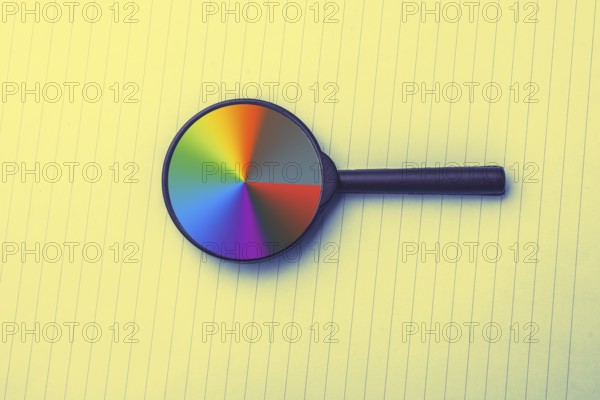 Looking through a magnifying glass to documents. Concept of search