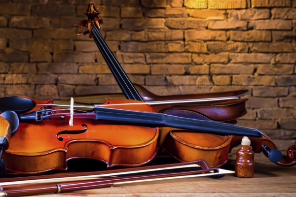 Interior of an old musical workshop with musical instruments and tools