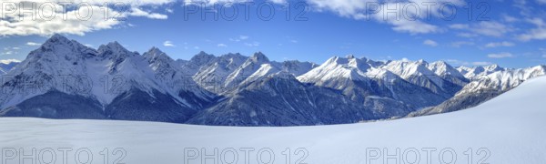 Motta Naluns ski area, view of the Lower Engadine towards the Upper Engadine, Scuol, Engadine, Grisons, Switzerland, Europe