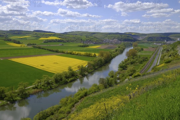 Landscape and vineyards near Stetten with a view of the Main valley, Main-Spessart district, Lower Franconia, Bavaria, Germany, Europe