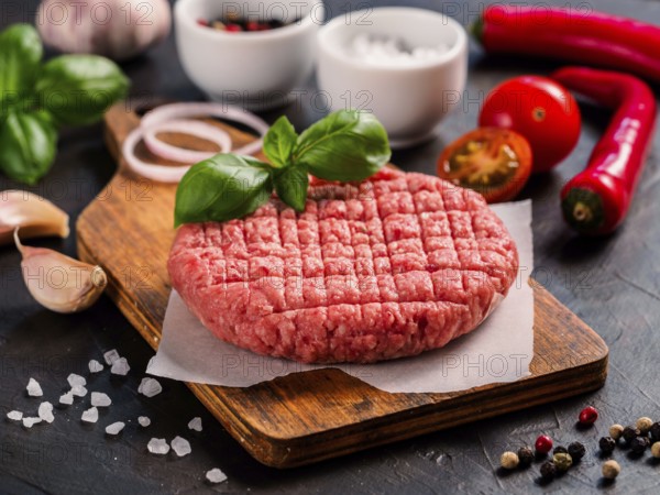 Close up view of two raw meat steak cutlets for burger with vegetables, spices and fresh basil. Making homemade burger