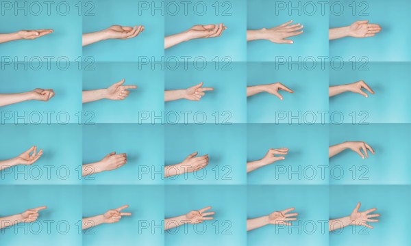 Set of female hands gesturing on blue studio background. Hello, have-five and other symbols of hands