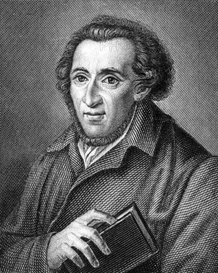 Moses Mendelssohn (1729-1786) on engraving from 1859. German Jewish philosopher. Engraved by unknown artist and published in Meyers Konversations-Lexikon, Germany, 1859, Europe