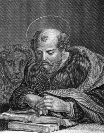 Saint Marcus on engraving from 1859. Engraved by L.Hoffmann and published in Meyers Konversations-Lexikon, Germany, 1859, Europe