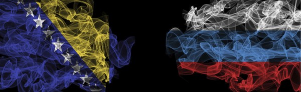 Flags of Bosnia and Herzegovina and Russia on Black background, Bosnia and Herzegovina vs Russia Smoke Flags