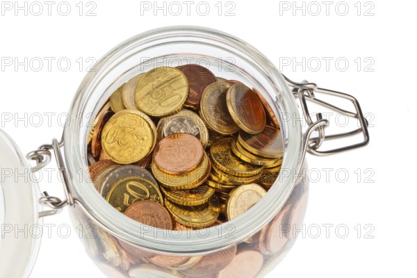 A jar with coins of the European currency, the euro. Provision, saving and security for your pension. Austria