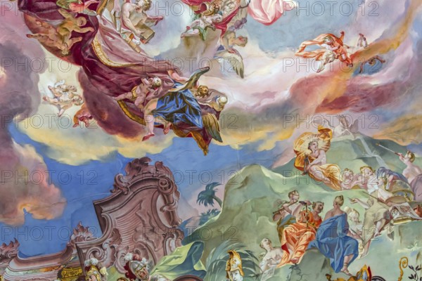 WIBLINGEN, BAVARIA, GERMANY, JUNE 08, 2022 : Rococo and baroque decors of the library in Wiblingen abbey, near Ulm city, by architects Christian and Johann Wiedemann, 18th century