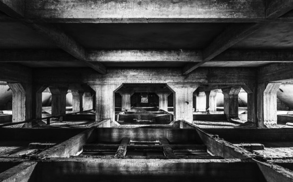 Belgium, 12 03 2018: Concrete symmetric structure of the hughe suspended ceiling of the Saint Susanna church, Europe