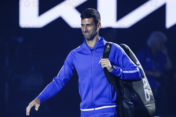 MELBOURNE, AUSTRALIA, JANUARY 11: Novak Djokovic of Serbia and Stefanos Tsitsipas of Greece playt eachother during a charity match ahead of the 2024 Australian Open at Melbourne Park on January 11, 2024 in Melbourne, Australia, Oceania