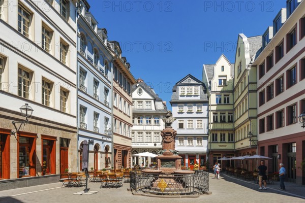 Frankfurt am Main, Hesse, Germany, New Old Town, Hühnermarkt with Stoltze Fountain, Frankfurt am Main, Hesse, Federal Republic of Germany, Europe