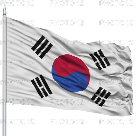 South Korea Flag on Flagpole, Flying in the Wind, Isolated on White Background