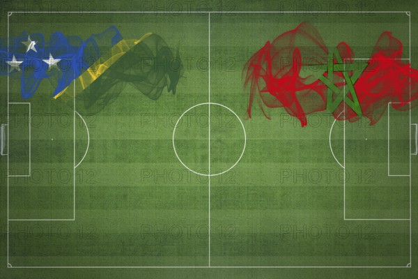 Solomon Islands vs Morocco Soccer Match, national colors, national flags, soccer field, football game, Competition concept, Copy space