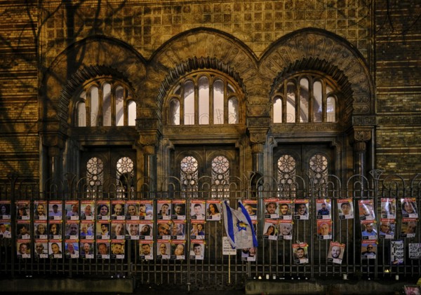 Germany, Berlin, 19 December 2024, Photos of Hamas hostages, fence in front of the New Synagogue, Oranienburger Straße, Europe