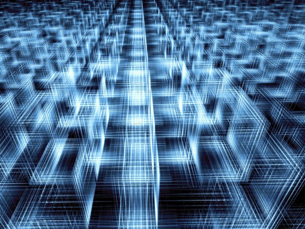 Abstract tech perspective background - computer-generated 3d illustration. Fractal geometry - glowing wire cubes. For banners, covers, web design