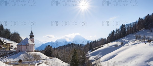 Watzmann at noon with church, Bavaria, Berchtesgaden, Germany Alps