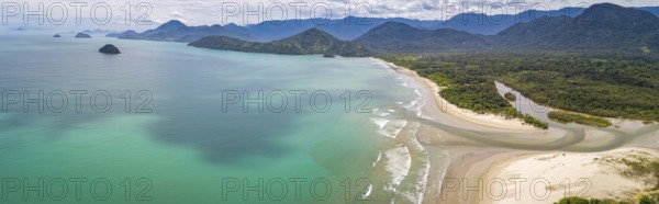 Aerial view panorama of Green Coast shoreline with turquoise water, beach, river and green mountains, Brazil, South America
