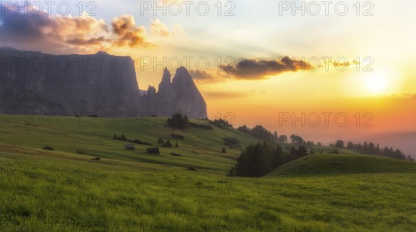 Schlern mountain with pasture at sunset, South Tyrol, Italy, Europe