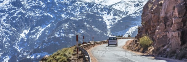Atlas mountains in Morocco, Africa. Web banner in panoramic view. Road