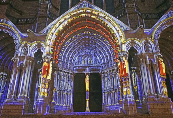Portals, Chartres Cathedral, light show, Chartres en Lumieres, France, Europe