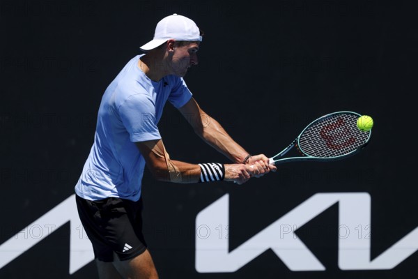 MELBOURNE, AUSTRALIA, JANUARY 12: Jakub Mensik of Czech Republic beats Harold Mayot of France in final round of qualifying ahead of the 2024 Australian Open at Melbourne Park on January 12, 2024 in Melbourne, Australia, Oceania