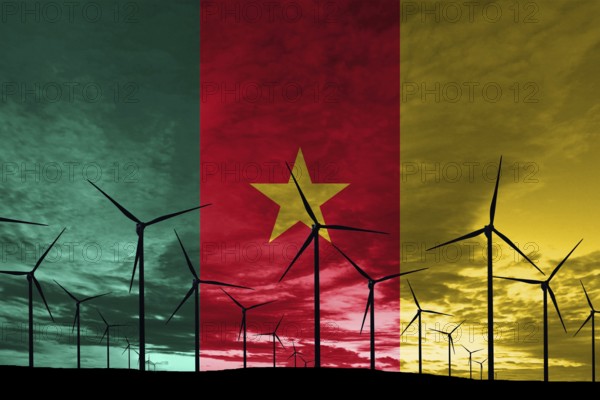 Cameroon flag wind farm at sunset, sustainable development, renewable energy Wind Turbines
