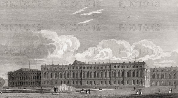 The Palace of Versailles, near Paris, antique steel engraved print, 1831