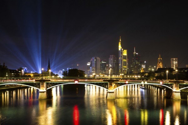 Light beams over the city of Frankfurt, Hesse, Germany, Europe