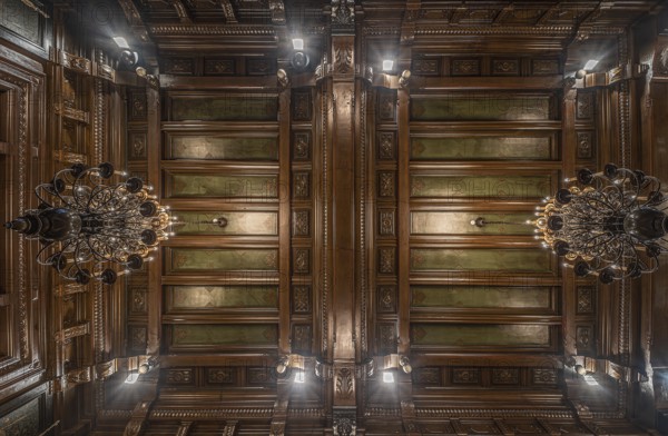 Anderlecht, Brussels Capital Region, Belgium- 02 28 2020 Decorated ceiling with wood and vintage chandeliers