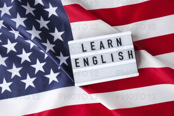 American flag. Lightbox with text LEARN ENGLISH Flag of the united states of America. July 4th Independence Day. USA patriotism national holiday. Usa proud. Freedom concept