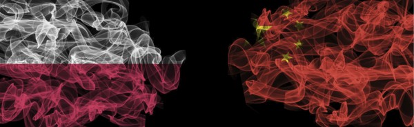 Flags of Poland and China on Black background, Poland vs China Smoke Flags